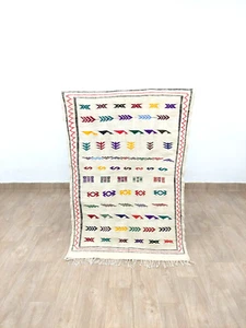 3x5 Moroccan Handmade Wool Area Rug White Beige Berber embroidered Kilim Runner - Picture 1 of 8