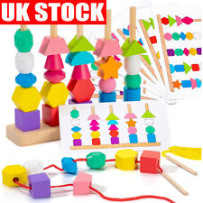 42 Beads Toddler Threading Toy Wooden String Lacing Fruit Animal Montessori Toy