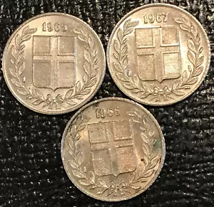 3-HIGH GRADE XF TO AU 1965/1966/1967 ICELAND 25 AURAR COINS-SEP575 - Picture 1 of 2
