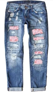 Ripped Jeans for Women Boyfriend Distressed Patchwork Print Flamingo Mom Jeans - Picture 1 of 6