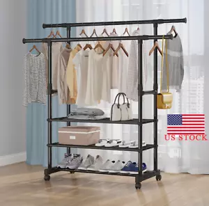 Heavy Duty Clothing Garment Rack Rolling Clothes Organizer Double Rails Hanging - Picture 1 of 12