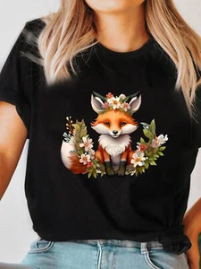 Women's Cute Fox and Flowers Print T-Shirt, Casual Crew Neck Short Sleeve Top - Picture 1 of 10