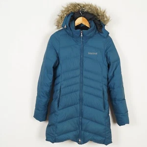 MARMOT Women's Quilted Jacket Size S DOWN 650 Fill Insulated Blue Faux Fur - Picture 1 of 15