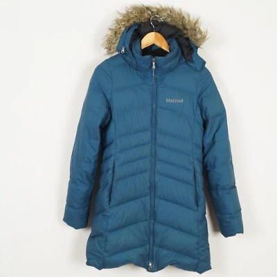 MARMOT Women's Quilted Jacket Size S DOWN 650 Fill Insulated Blue Faux Fur - Image 1 of 4