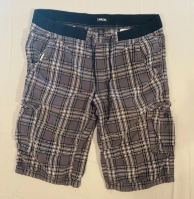 PANTALONES CORTOS DE CARBONO PARA HOMBRE LARGOS OSCUROS A CUADROS Y2K 38 PULGADAS CINTURA BOLSILLOS CARGO CORDÓN Foto 1 de 4