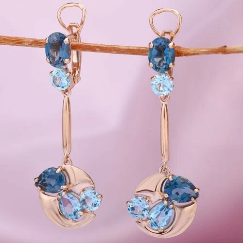 Gemstone earrings swiss & london blue topaz  solid rose gold 585/14k NWT - Image 1 of 1