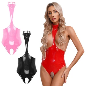 Womens Leotard Holiday Catsuit Backless Bodysuit Halter Neck Lingerie Wet Look - Picture 1 of 35