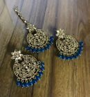Traditional Gold Tone Cz, Kundan Deep Blue Beads Earrings With Maang Tikka Set