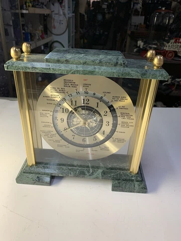Green Marble and Brass World Mantel Clock, Quartz Movement with Airplane Hand Cover
