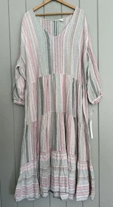 NWT Caslon Dress 3X Linen Blend Stripe Pink Green Pastel V-Neck Long Sleeves NEW - Picture 1 of 7