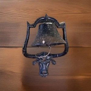 Mexiko schwarz antik Ranch Farm Abendessen Glocke Gusseisen mit Longhorn Wandhalterung 12" - Bild 1 von 11