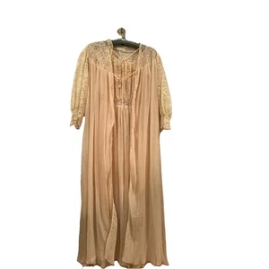 Vtg Pleated CHIFFON Long NIGHTGOWN PEIGNOIR Gown Set Barbizon Sz 12 Misses Peach - Picture 1 of 4
