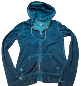 True Religion World Tour Acid Wash Full Zip Hoodie Women’s M Blue Distressed Y2K - Picture 1 of 18