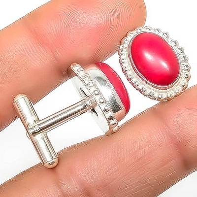 Red Coral Gemstone Silver Plated Jewelry Cufflink TCL7788-17 - Image 1 of 4