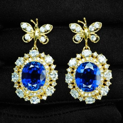 24K 黄金 925 纯银 HALO 耳环 Radiant VIVID 蓝色蓝宝石 16.10 克拉 — 第 1/4 张图片