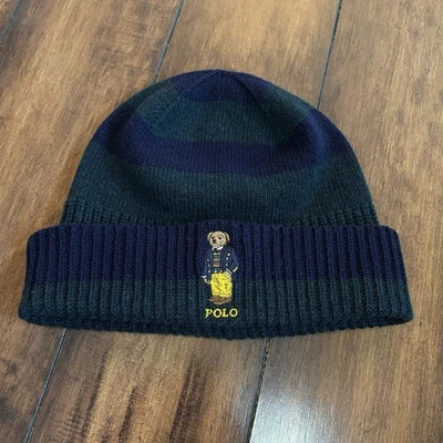Винтажная зимняя вязаная шапка-бини Polo Ralph Lauren Polo Bear темно-зеленая - Изображение 1 из 4