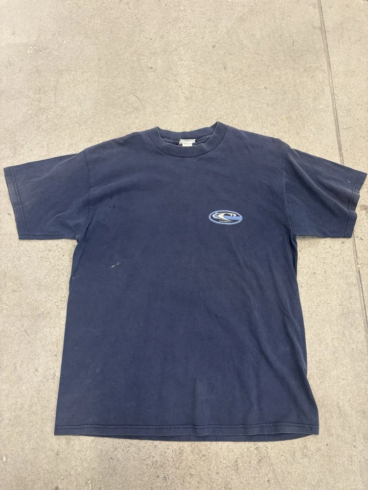 Camiseta vintage anos 90 O'Neill azul marinho logotipo onda surfista algodão feita nos EUA tamanho G - Imagem 1 de 4