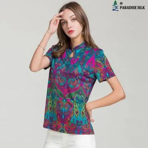 Natural Pure Silk kurzärmeliges Damen-T-Shirt Stehkragen Blumenmuster Bl... - Bild 1 von 11