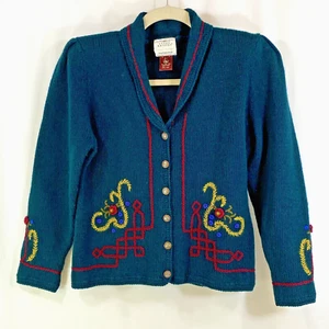 Pull cardigan femme Susan Bristol 100% laine brodé main fleurs taille L - Photo 1/22