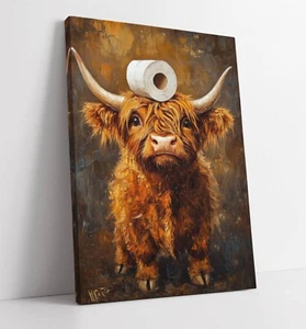 HIGHLAND COW CUTE BATHROOM WALL ART -FRAMED CANVAS WALL ART PICTURE PRINT - Picture 1 of 2