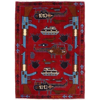 Deep Red M417 Tanks New Afghan War Design Nomadic Carpet 3'5x4'10 Red Rug P28041 - Image 1 of 4