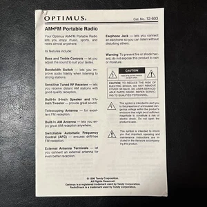 Tandy Optimus Handbuch AM/FM tragbares Radio Anleitung [M1] - Bild 1 von 2