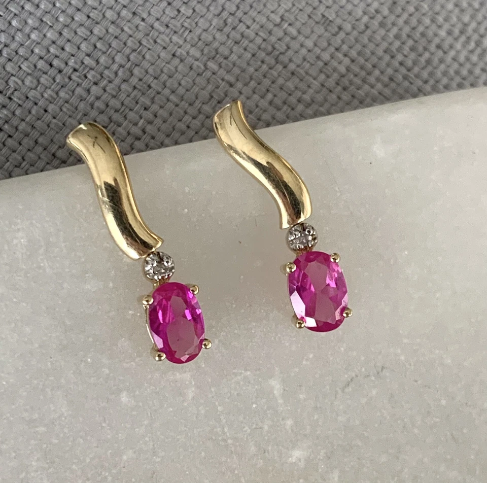 10ct Gold Pink Stone (Sapphire, Topaz?) Diamond Earrings (417, 10K Not 9ct Gold) - Image 1 of 3