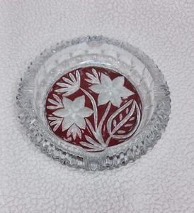 Vintage Crystal Ashtray Heavy Glass With Red And Floral Design Embossed Flowers  - Picture 1 of 21