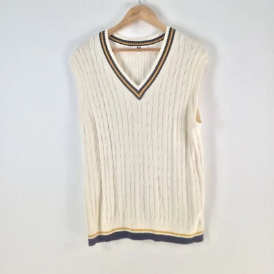 Uniqlo Hombres Tejido Suéter Chaleco Talla XL Crema Sin Mangas Cuello Mezcla Algodón 113367 Foto 1 de 4