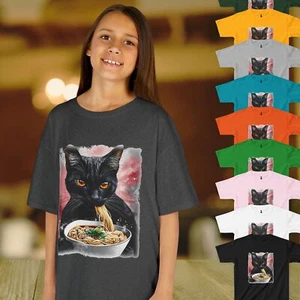 Cat Eating Ramen Noodles Kids Tee, Funny Cat Lover Gift, Black Cat - Picture 1 of 23