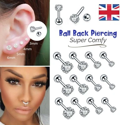 Cartilage Stud Earrings Crystal Clear Gem Silver Ball Back Tragus Helix Piercing - Image 1 of 4