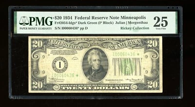 DBR 1934 $20 FRN DGS STAR Minneapolis Fr. 2054-Idgs* PMG 25 Serial I00060436* - Image 1 of 2