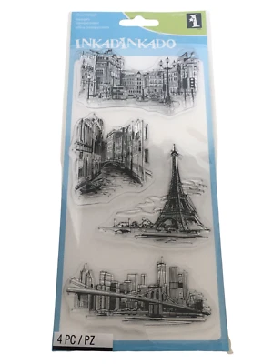 Inkadinkado Clear Stamps Set Travel Sketches Eiffel Tower Paris Brooklyn Venice - Image 1 of 4