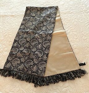Vintage silk scarf art deco design fringed black & beige 100% silk two-sided