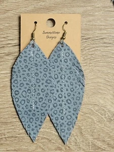 Handmade GENUINE Leather Feather Earrings  Dusty Blue Leopard 3" - Picture 1 of 1