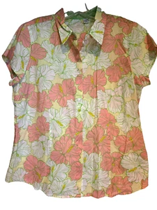 IZOD Womens Short Sleeve Hibiscus Flower Multi-Color Button Down Blouse Size 2X - Picture 1 of 5