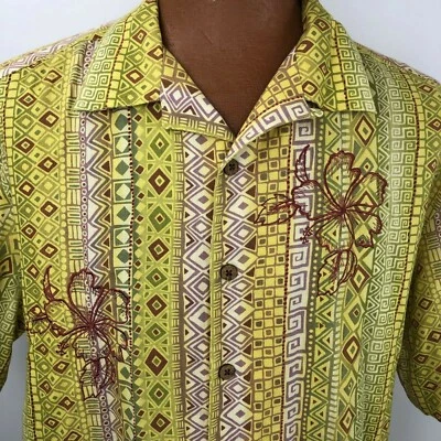 Boca Classics Large Yellow Tapa Print Embroidered Orchid  Coconut Buttons - Image 1 of 4