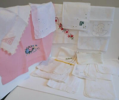 15 Piece Lot Linen Handkerchief Tea Towel Cutwork Lace Handmade Embroidery Rose - Image 1 of 4