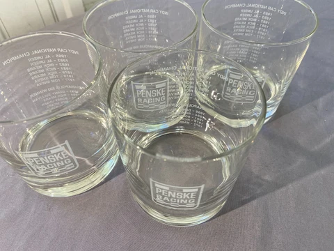 4 Vintage 1984 Penske Racing Indy Bourbon Rocks Bar Glasses EUC 3 1/2" Cover