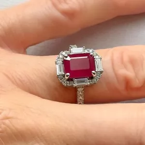 Emerald Cut Simulated Pink Ruby Women's Wedding Band Ring 14k White Gold Plated - Picture 1 of 6