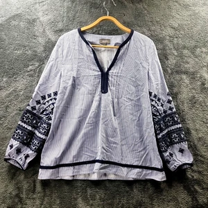 SUSSAN Womens Top Size 8 Blue White Stripe Embroidered 3/4 Sleeve V-Neck Casual - Picture 1 of 12