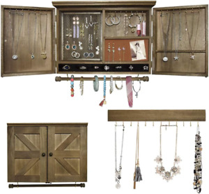 Rustic Wall Mounted Jewelry Organizer with Wooden Barndoor Decor， Wall Mount Hol