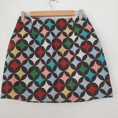 LOUCHE Sz 6 Auben 60s Circles Print Jacquard Mini Skirt Abstract Retro Colorful - Photo 1/4