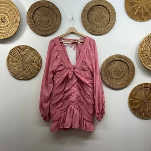 ASOS Design Curve Pink Long Sleeve Ruffle Tie Front Ruched Mini Dress 12 - Picture 1 of 8