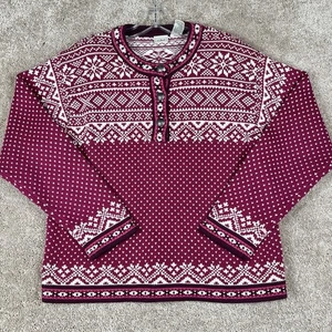 Vintage LL Bean Sweater Womens M Red Fair Isle Nordic 3-Button Pullover Heavy - Picture 1 of 11