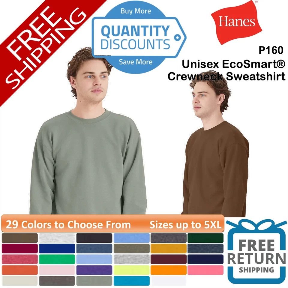 🔥 Sudadera Hanes Unisex EcoSmart Mezcla de Vellón Cuello Redondo Hasta 5XL P160 Foto 1 de 1