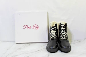 Pink Lily Combat Boots Renley-20 Women's Size 10 Fur Detail Black/White - Picture 1 of 16