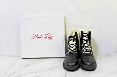Pink Lily Combat Boots Renley-20 Women's Size 10 Fur Detail Black/White - Image 1 of 4