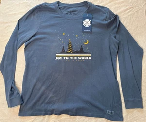 LIFE IS GOOD Joy To The World Langarmshirt XL Blau Weihnachtsbaum Neu - Bild 1 von 4
