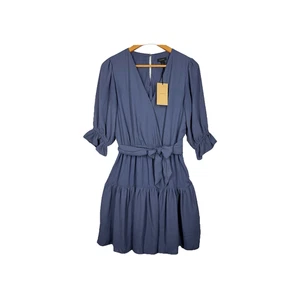 Halogen Damen Kleid klein blau 100% Polyester Kurzarm Rüschen Freizeit Mini - Bild 1 von 5